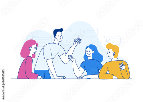 Vector illustration in trendy flat linear style - creative team working together - man and woman - developing and management of the project