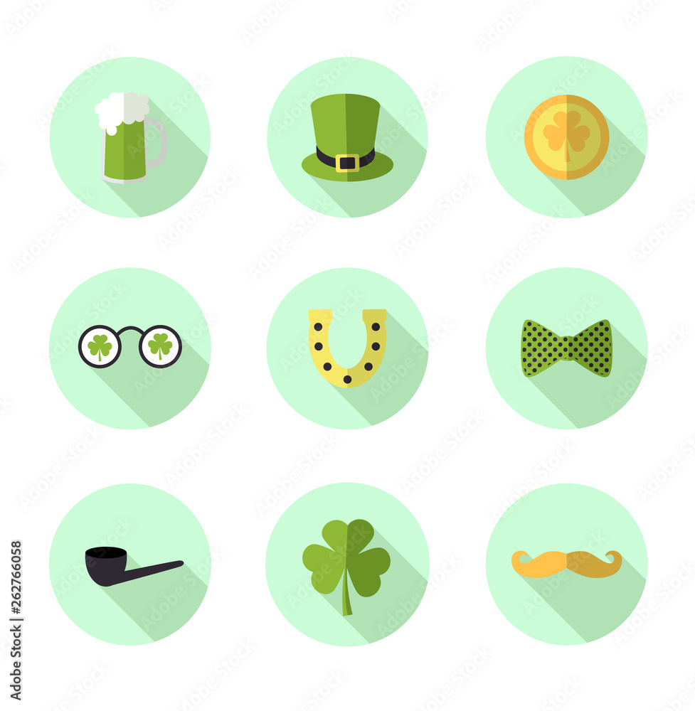 set of green icons. Set of flat St. Patrick`s Day vector icon. Leprechaun hat. Green beer. Clover. Mustache. Horseshoe. Leprechaun gold.