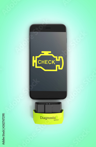 Car diagnostic concept Close up of OBD2 wireless scanner with smartphone on green gradeient background 3d illustration photo