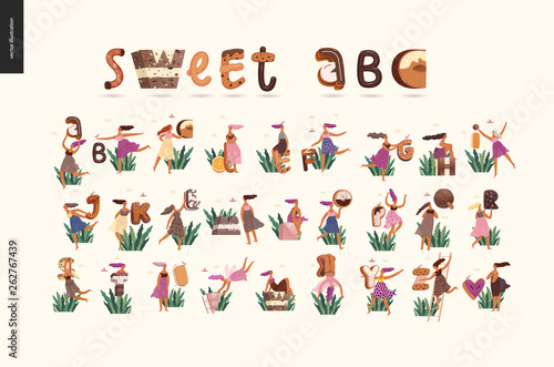 Dessert font ABC- modern flat vector concept digital illustration of temptation font, sweet lettering and girls. Caramel, toffee, biscuit, waffle, cookie, cream and chocolate letters