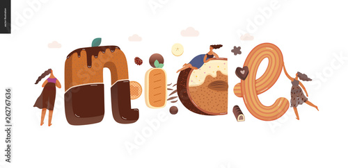 Dessert lettering - Nice - modern flat vector concept digital illustration of temptation font, sweet lettering and girls. Caramel, toffee, biscuit, waffle, cookie, cream and chocolate letters