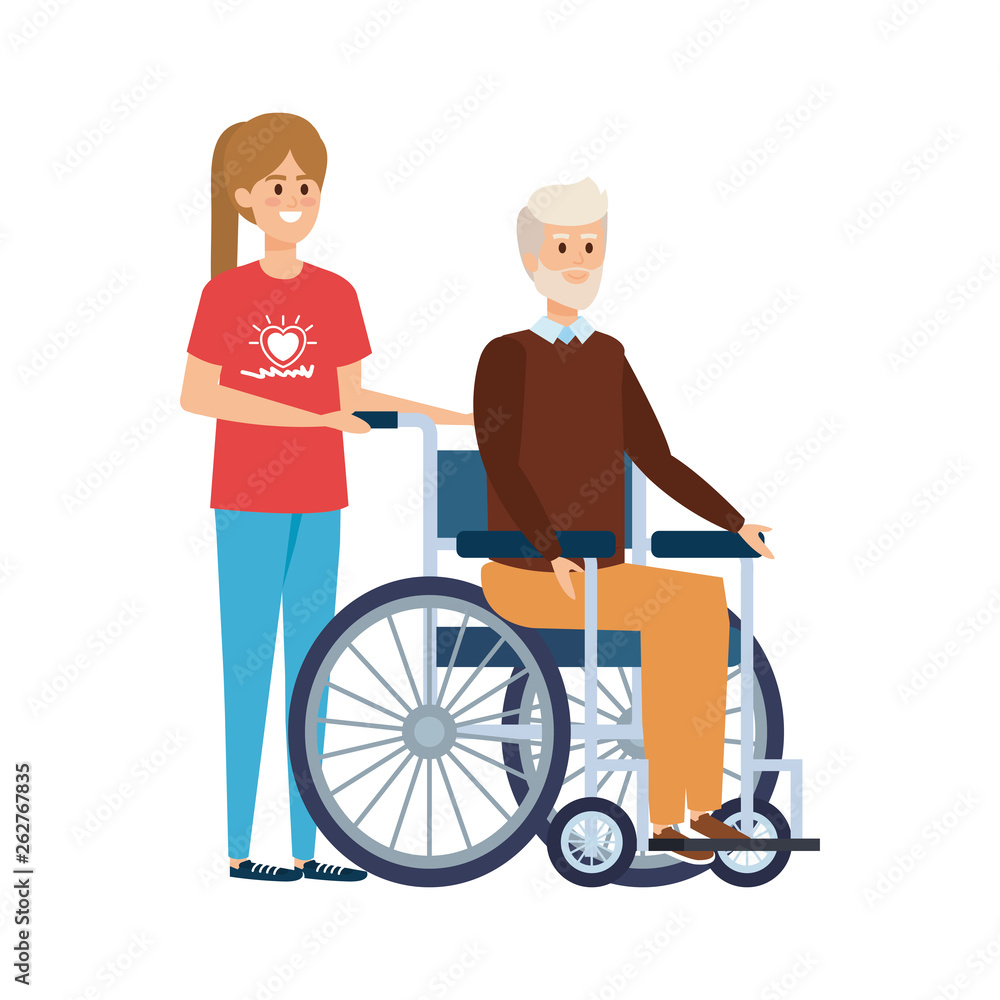 young man volunteer with old man in wheelchair young man volunteer with old man in wheelchair
