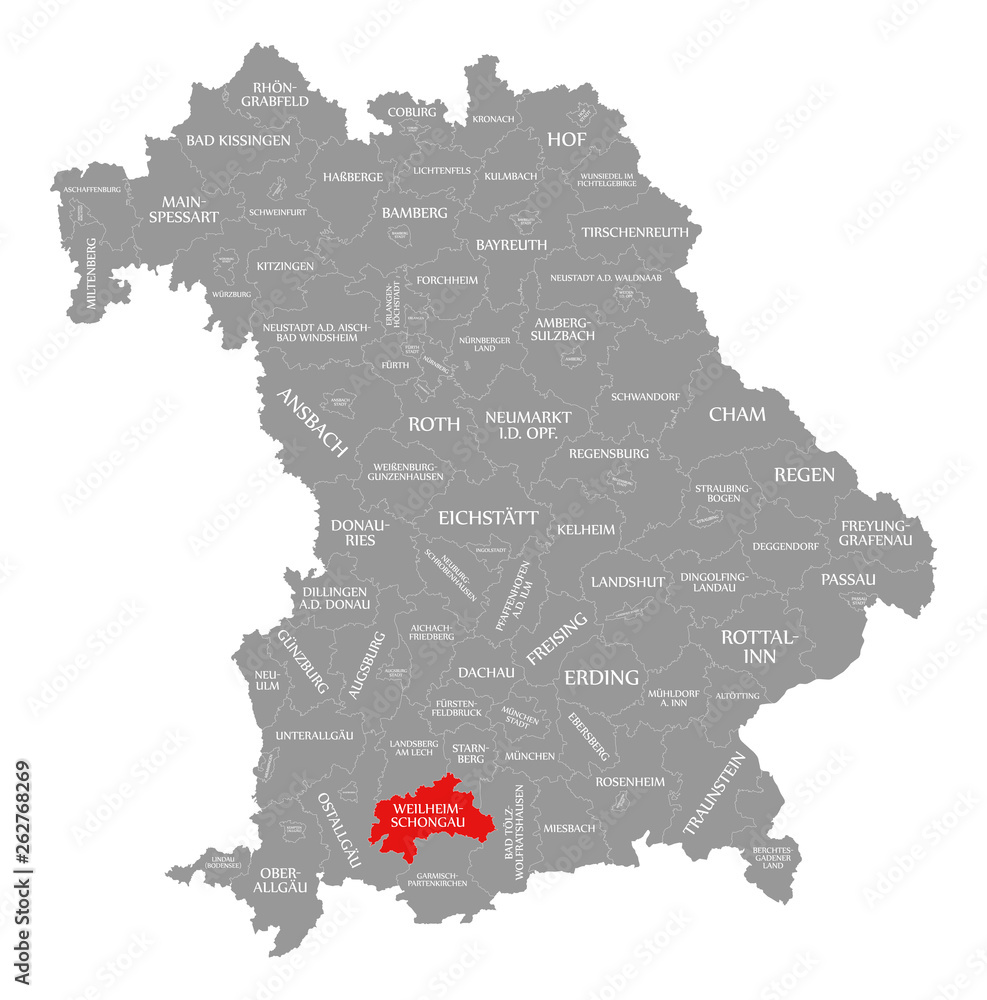 Weilheim-Schongau county red highlighted in map of Bavaria Germany
