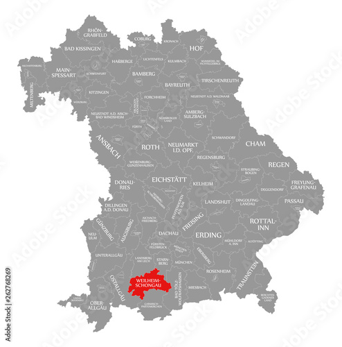 Weilheim-Schongau county red highlighted in map of Bavaria Germany