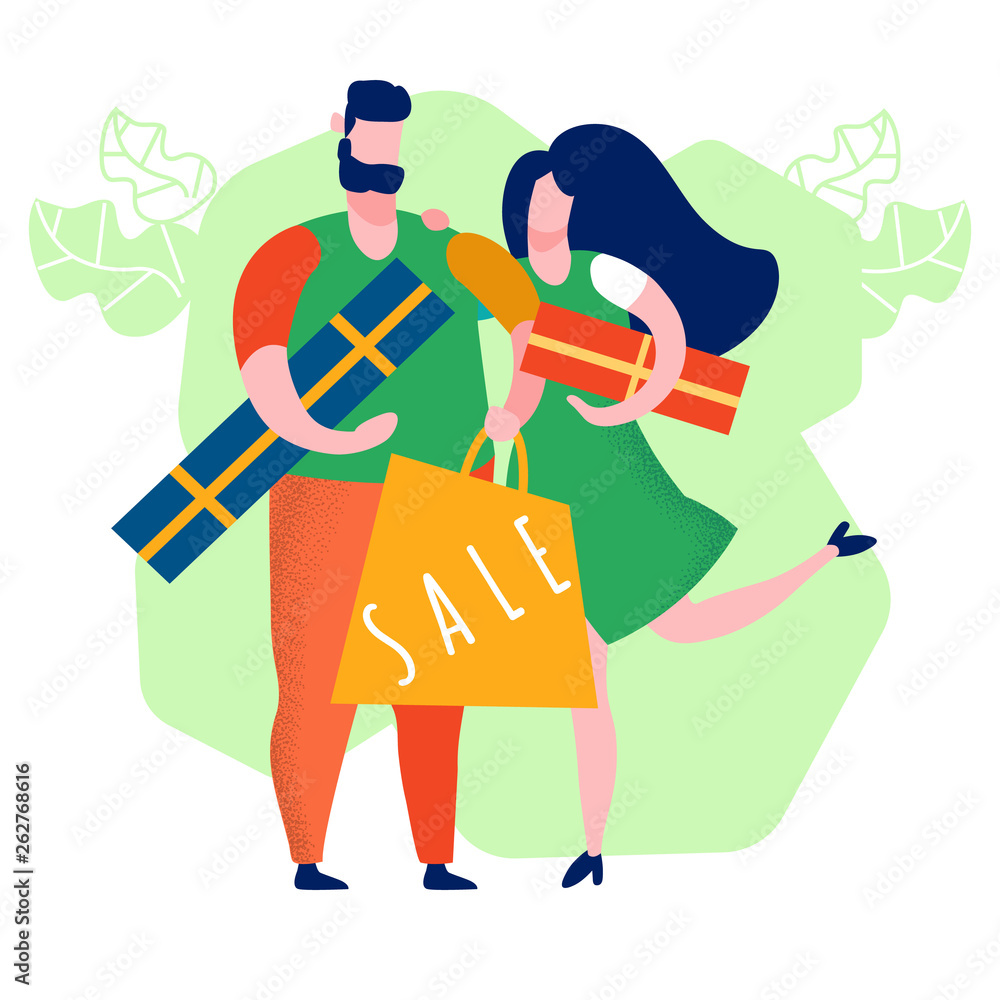 Couple Buying Gifts Cartoon Vector Illustration
