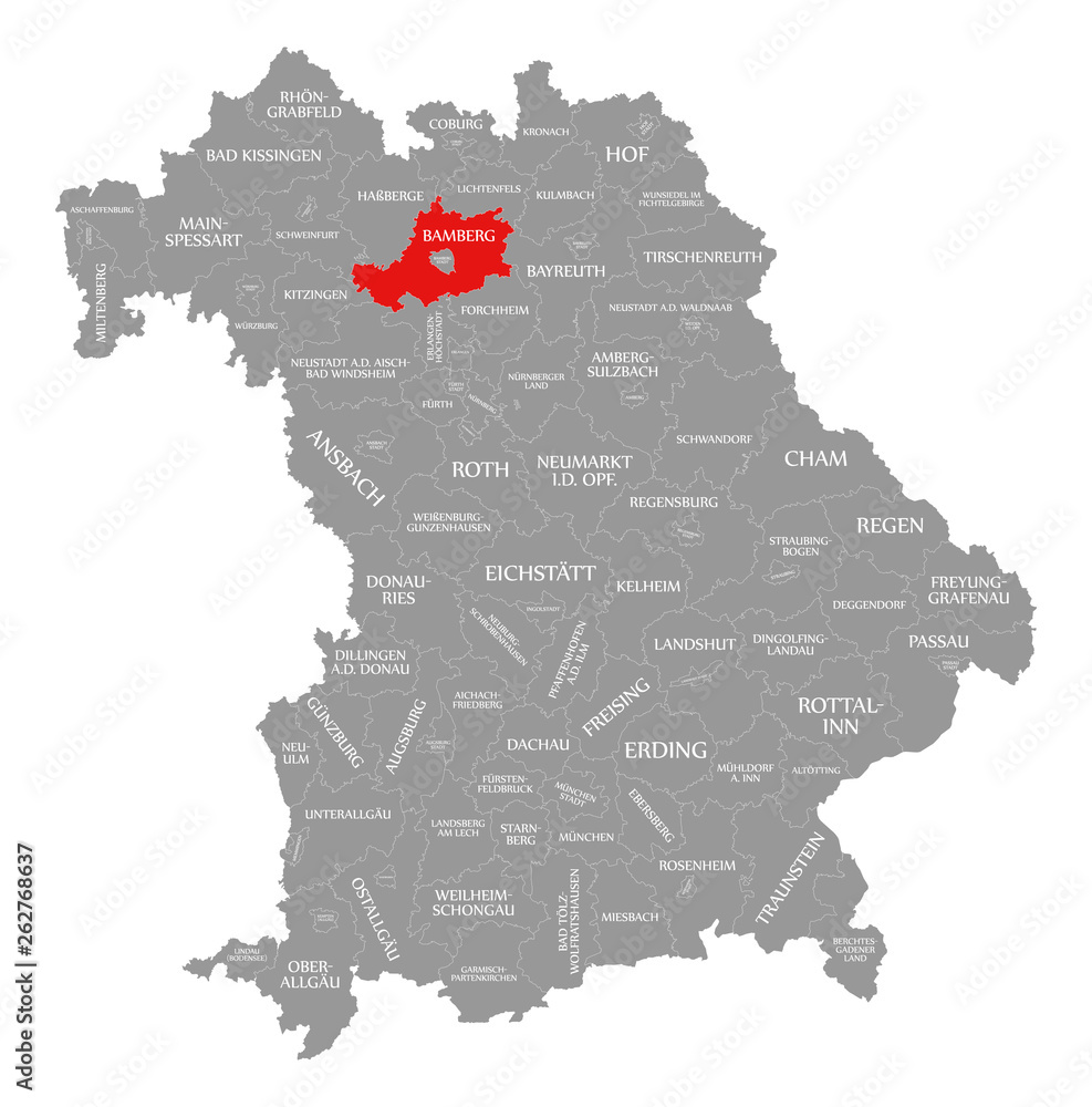 Fototapeta premium Bamberg county red highlighted in map of Bavaria Germany