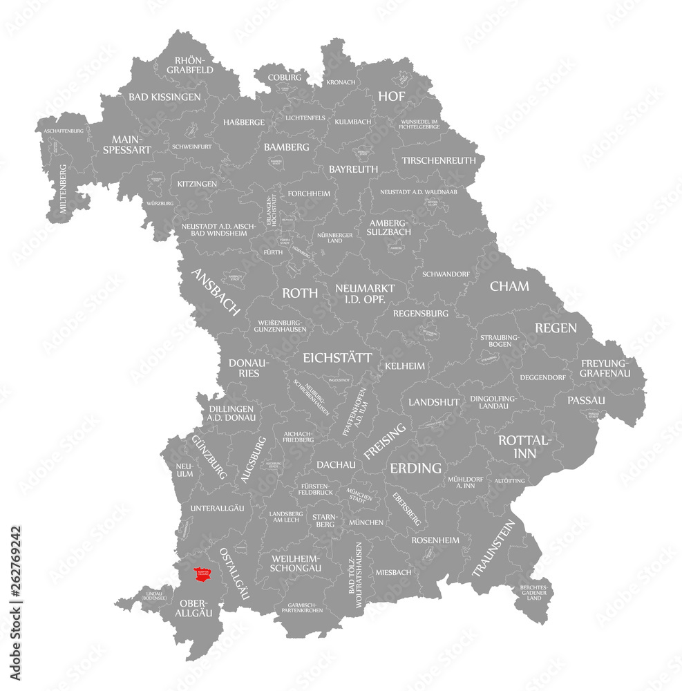 Kempten city red highlighted in map of Bavaria Germany