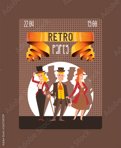 Victorian people vector gentleman in hat and woman character in vintage fashion dress on retro party illustration background of gentlemen lady in elegant old clothing backdrop
