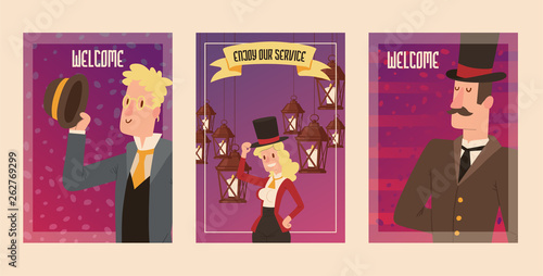 Victorian people vector gentleman in hat and woman character in vintage fashion dress on retro party illustration background set of gentlemen lady in elegant old clothing backdrop