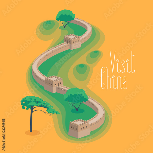 Great Wall of China vector illustration. Famous Chinese landmark