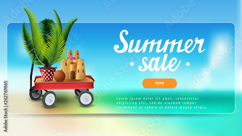 Summer sale, discount banner with lettering, button, garden cart with sand, sand castle and potted palm