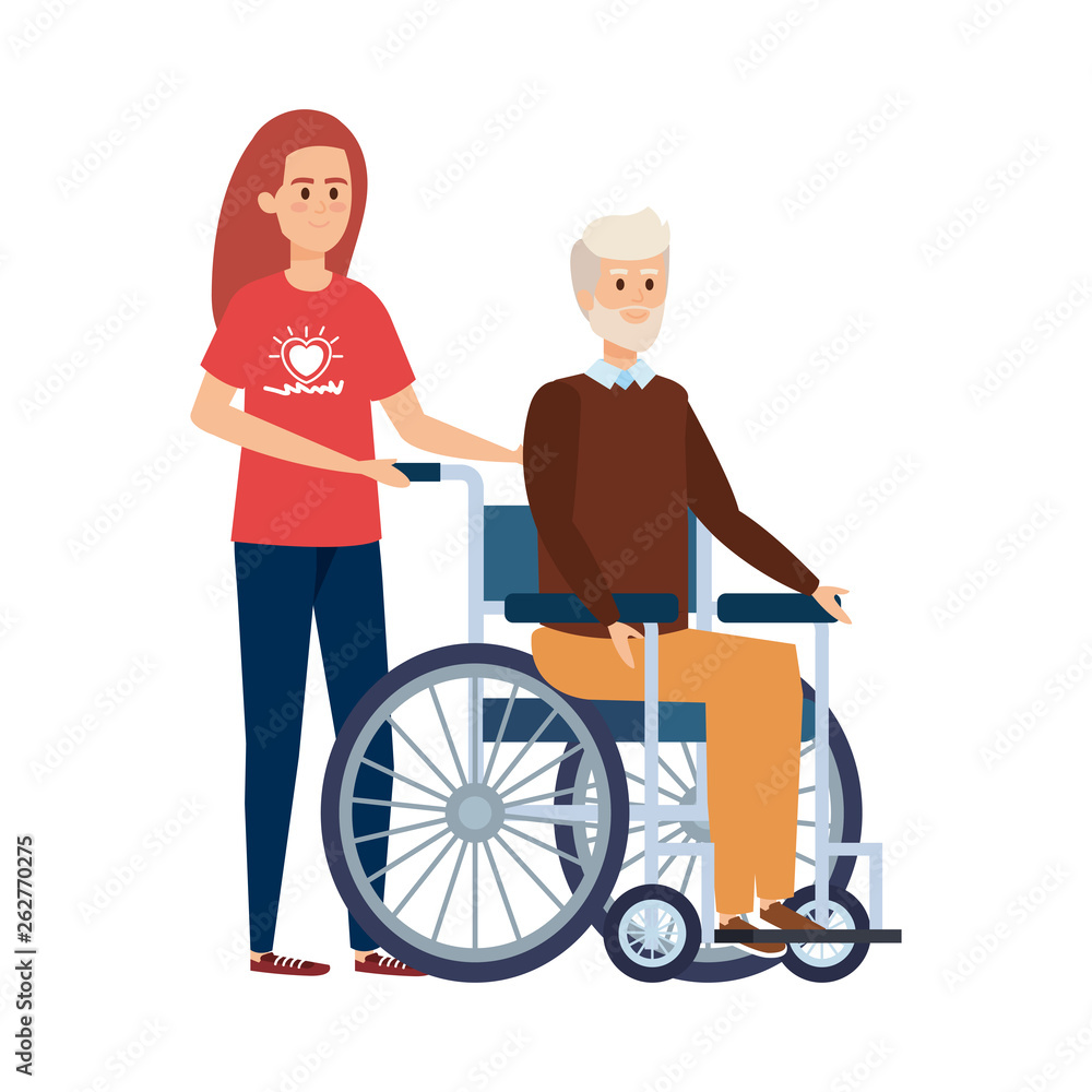 young woman volunteer with old man in wheelchair young woman volunteer with old man in wheelchair