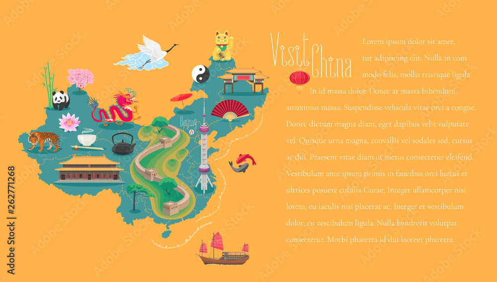 Obraz premium Map of China article with bodycopy layout vector illustration. Icons with Chinese landmarks