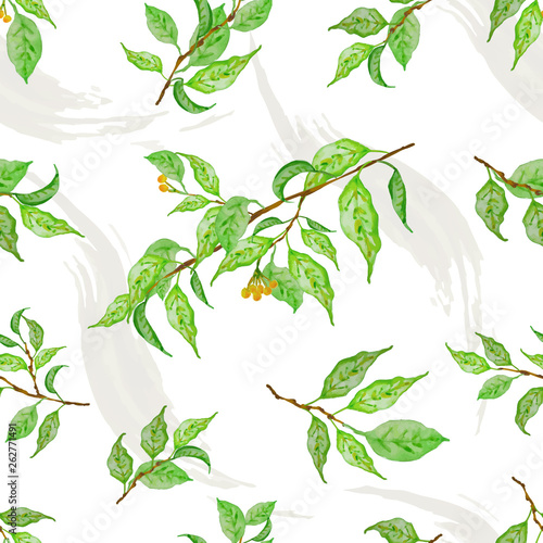 Botanical background, laurel, ficus, tea. Theme design cover, invitation, booklet, printing. Fresh green leaves. Colorful seamless pattern.