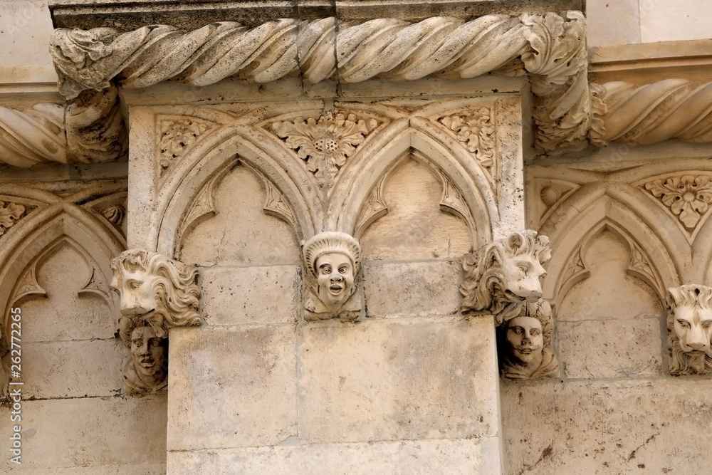 Decorative details of historic renaissance Cathedral of St. James, famous UNESCO World Heritage Site in Sibenik, Croatia.