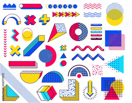 Set of memphis design elements. Abstract 90s trends elements with multicolored simple geometric shapes. Shapes with triangles, circles, lines