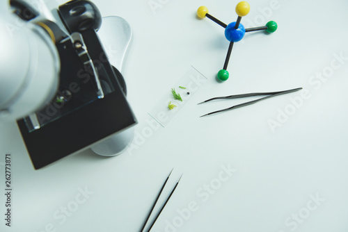 Microscope with instrumets and sprouts isolated on white background