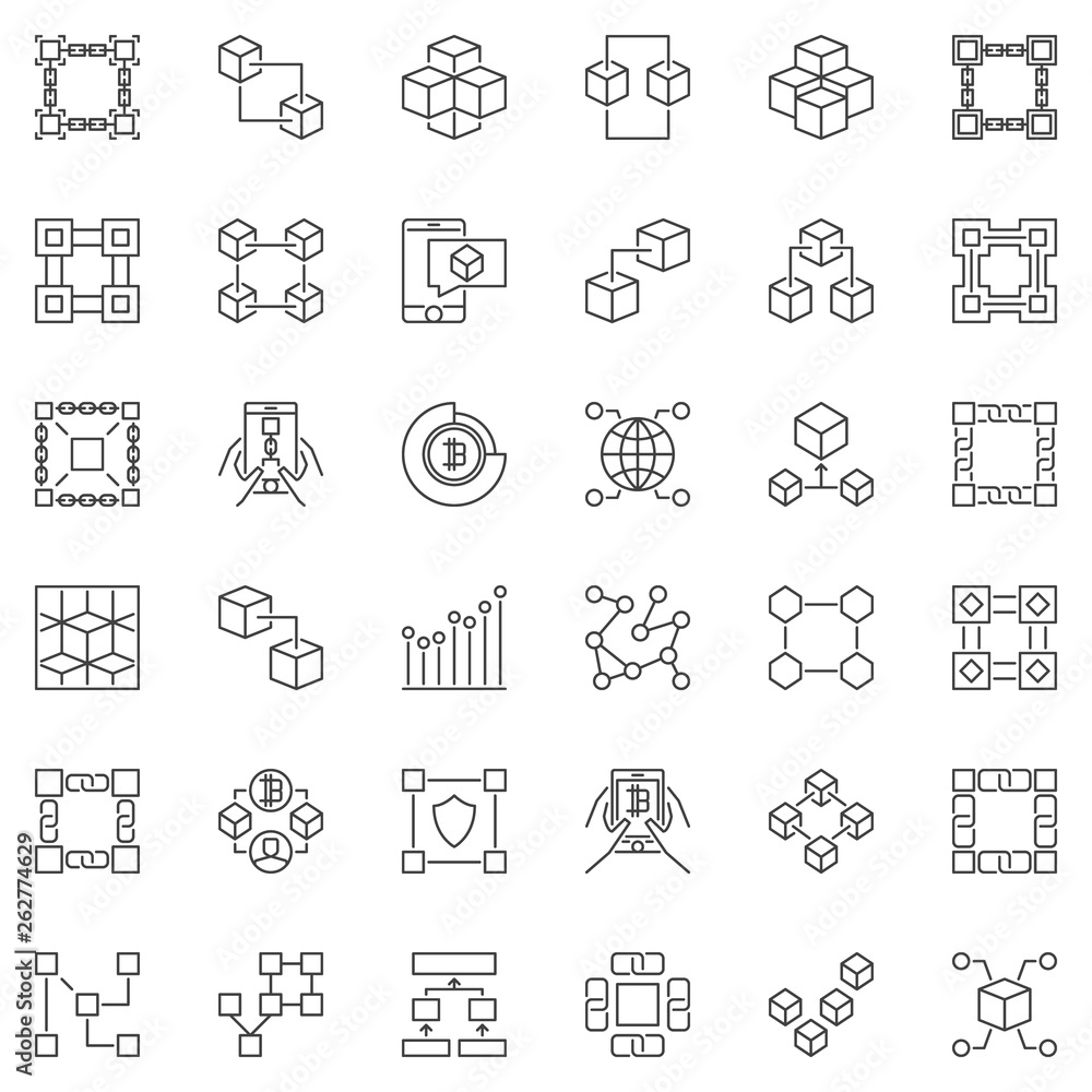 Set of Blockchain outline vector icons - Block Chain concept signs or design elements in thin line style