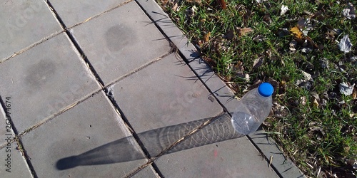 Foto plastic bottle is on the road in the park on a bright summer day