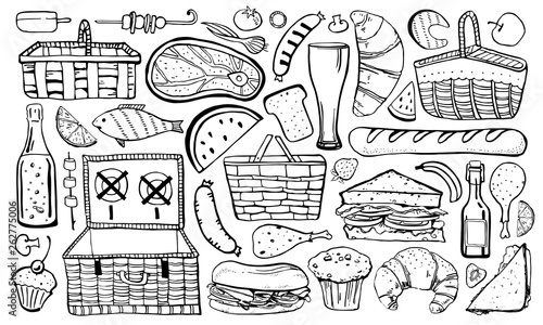 Picnic, summer eating out and barbecue food set. Outline vector sketch illustration isolated black on white background