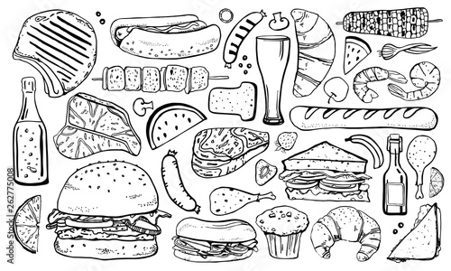 Picnic, grill and barbecue food set. Outline hand drawn vector sketch illustration isolated black on white background