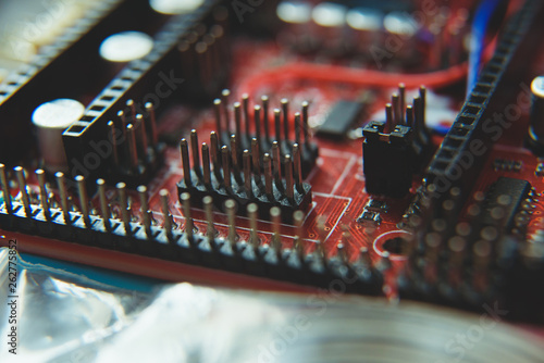 Close up of computer hardware details on table photo