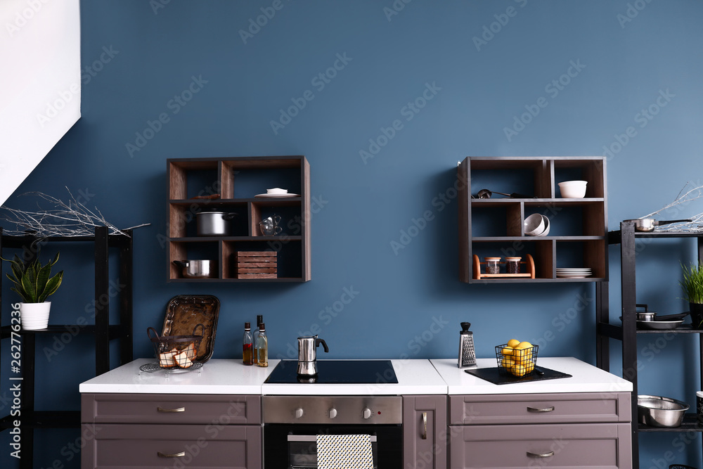 Modern interior of kitchen with stylish furniture Modern interior of kitchen with stylish furniture