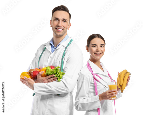 Portrait of nutritionists on white background