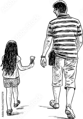 A father with her little daughter going for a stroll