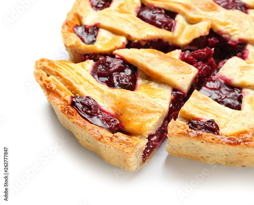 Tasty cherry pie on white background, closeup