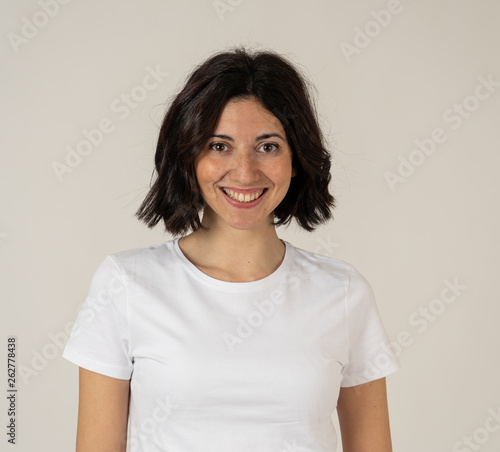 Portrait of young attractive cheerful woman with smiling happy face in expression of joy