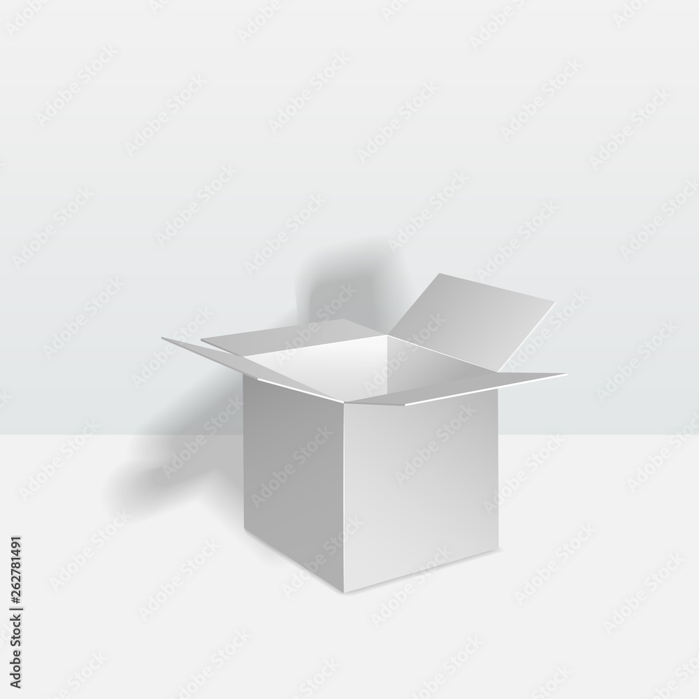 Opened white box. Blank carton mockup isolated on white background. Vector illustration. Opened white box. Blank carton mockup isolated on white background. Vector illustration.