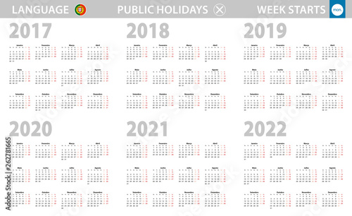 Calendar in Portuguese language for year 2017, 2018, 2019, 2020, 2021, 2022. Week starts from Monday.