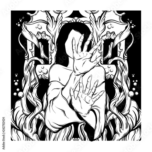 Vector hand drawn illustration of fortune teller with baroque palace.