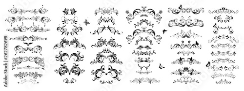 Vintage book floral separators and titles set. Baroque black and white design elements