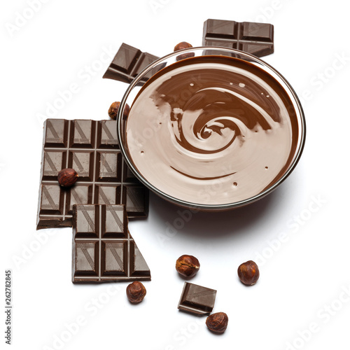 glass bowl of chocolate cream or melted chocolate isolated on white