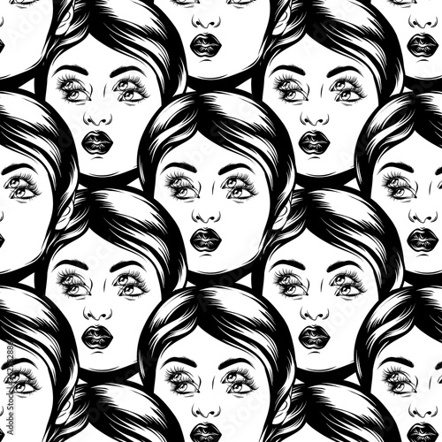 Vector pattern with hand drawn illustration of pretty girl with four eyes.