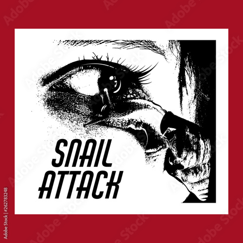 Snail attack. Vector hand drawn illustration of snail on the human face.