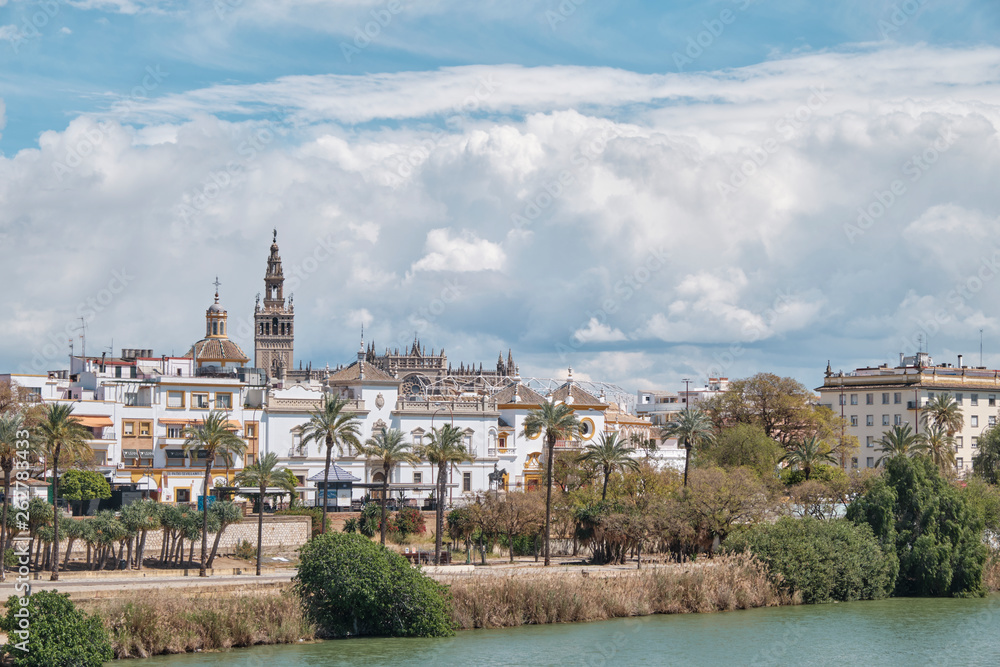 panoramic view of Seville from the bridge in a sunny day Spain.
