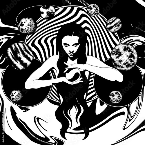 Vector hand drawn illustration of witch with crystal ball and planets.