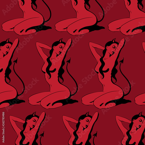 Vector pattern with hand drawn illustration of demon girl sitting on her knees .