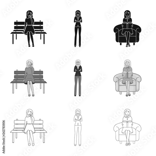 Vector design of posture and mood sign. Collection of posture and female stock symbol for web.