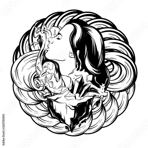 Vector hand drawn illustration of pretty yong girl with rock and wave and ornament isolated.