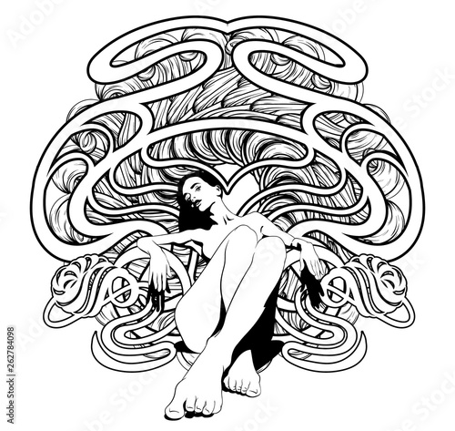 Vector hand drawn illustration of skinny elegant girl with frame .
