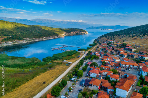 aerial view of the beautiful fishing village Psarades in Prespa lake in Northern Greece