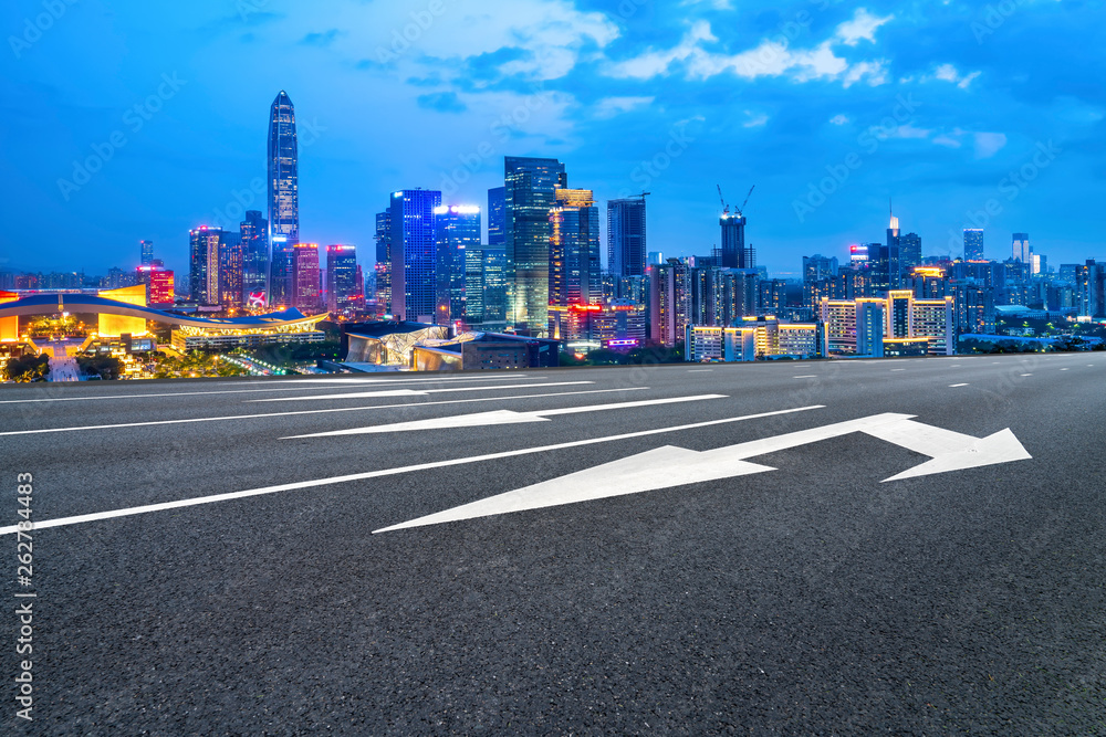 Road and skyline of urban architecture..