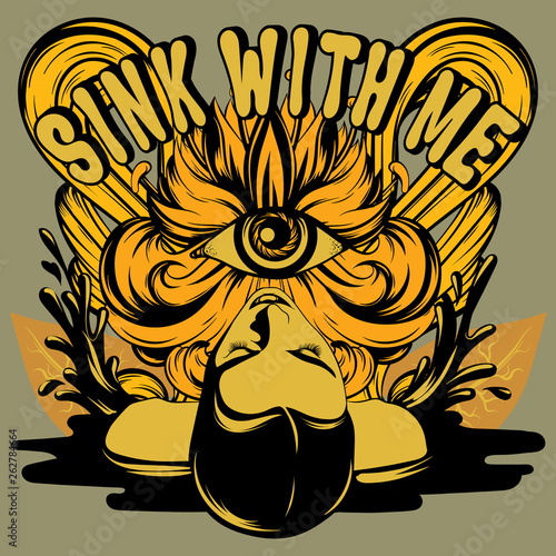 Sink with me. Vector hand drawn illustration of pretty woman with flower, splashes and human eye .