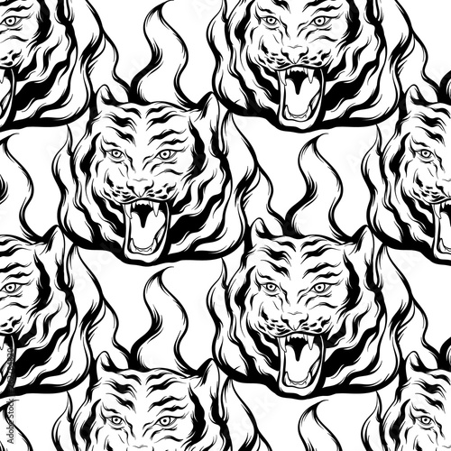 Fototapeta Naklejka Na Ścianę i Meble -  Vector pattern with hand drawn illustration of roaring tiger with fire isolated.