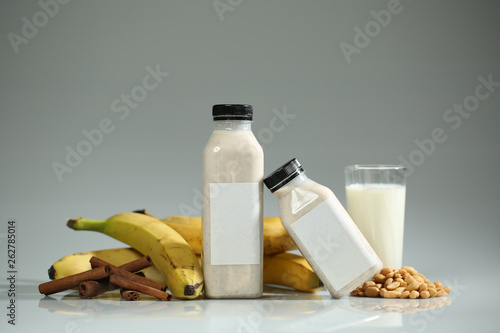 Delicious smoothie juice with banana, milk and peanuts