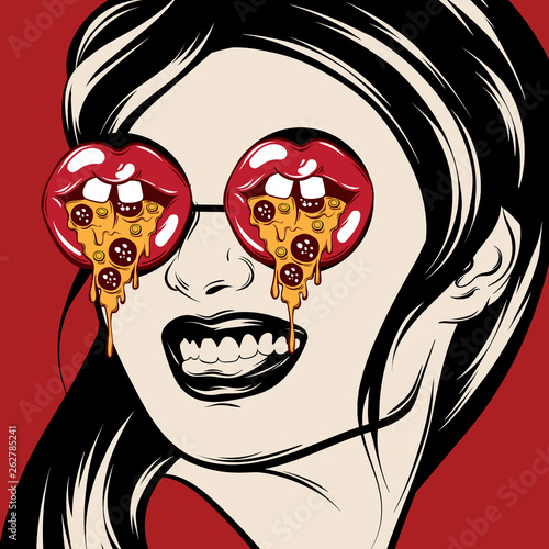 Vector hand drawn illustration of girl in sunglasses with mouths with slice of pizza.